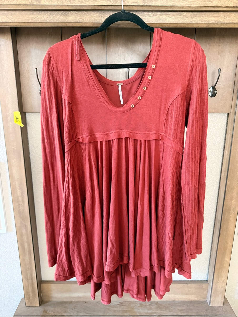 Free People Brick Red Long Sleeve Peplum V-Neck Tunic with Button Accents